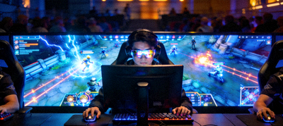 电竞比赛现场选手专注操作与巨大屏幕显示游戏画面的场景