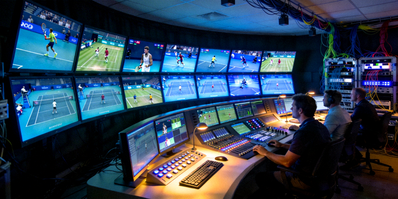 现代化体育直播控制室内多块屏幕显示不同比赛画面的工作场景